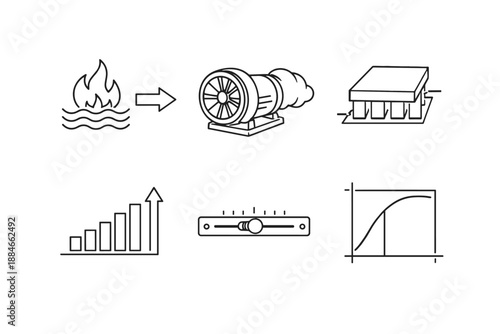 Energy Conversion Icons. Line style icons of energy conversion: heat-to-steam arrow, micro-turbine outline, thermoelectric module