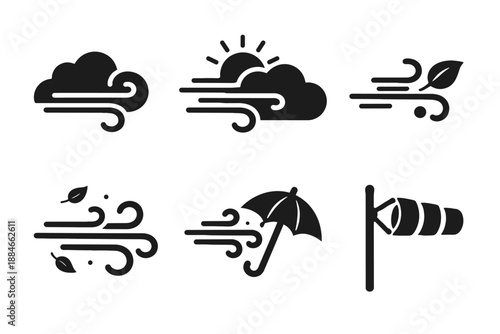 Windy Weather Icons. Solid black filled vector icon set of windy weather icons, minimal geometric shapes, bold silhouette style,