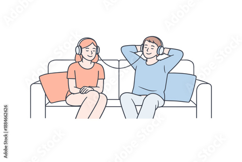 Friends Relaxing Together. Two friends relax on a sofa listening to music through connected headphones Minimalist flat line vector