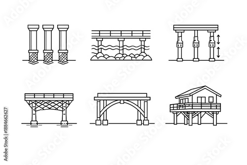 Modern Stilt-House Engineering. Line style vector icons of modern stilt-house engineering: reinforced column set, flood-impact