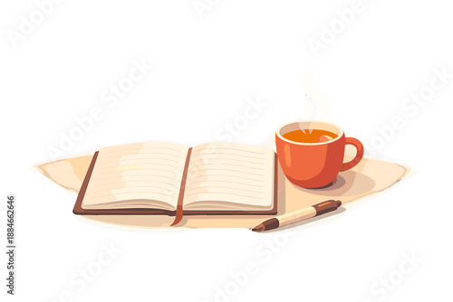 Morning Tea Flatlay. Morning tea and journal flatlay with open notebook, pen, and steaming mug, gentle glow halo and subtle