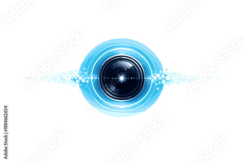 Concentric Focus Illustration. Lens and eye-inspired focus icon with concentric glow rings, tiny bokeh dots aligning into a crisp