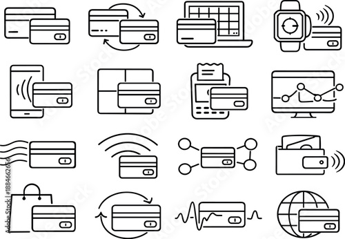Image Generation. Line style vector icons of payment processing payment methods: rhythm stripe, sync contour, interval mesh, sync