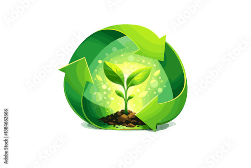 Eco-Friendly Renewal. Recycling loop ribbon encircling a glowing seedling, smooth gradients and bokeh sparkles suggesting circular