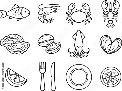 Image Generation. Line style icons of Fresh seafood: fish, shrimp, crab, lobster; oyster, clams, squid, mussel; lemon, fork, knife