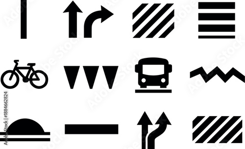 Image Generation. Solid vector icons of road marking symbols: lane divider stripe, arrow variants, hatch pattern tile, pedestrian