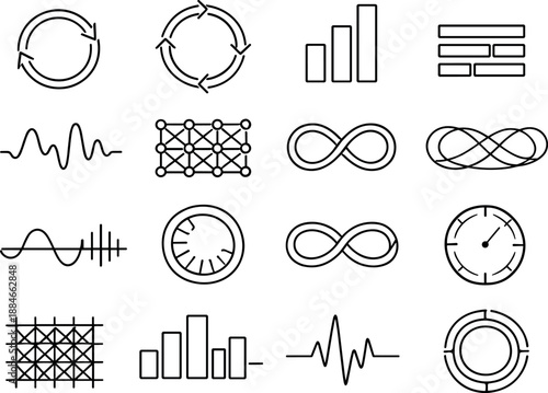 Image Generation. Line style vector icons of remote work office communication tools: cycle ring, cycle ring, interval bar, phase