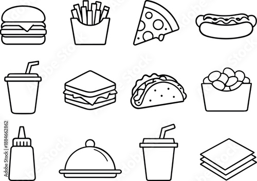 Image Generation. Line style icons of Quick food: burger, fries, pizza, hot dog; soda, sandwich, taco, nuggets; ketchup, tray,