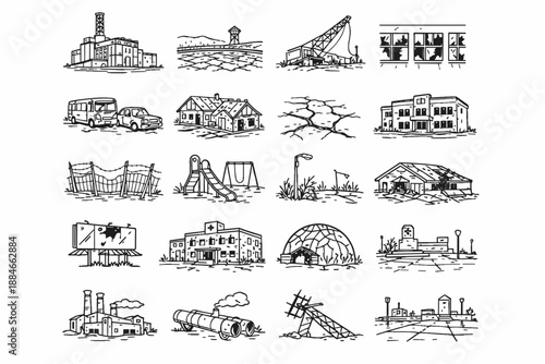 Chernobyl Abandonment Icons. Line style icons of Chernobyl-style tourism: abandoned reactor building, empty cooling pond, toppled