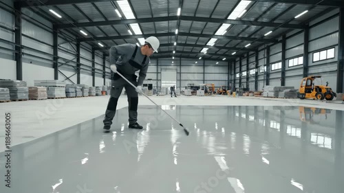 Warehouse Floor Epoxy Application - A construction worker in safety gear applies an epoxy sealant to a large concrete floor inside a bright, modern warehouse.