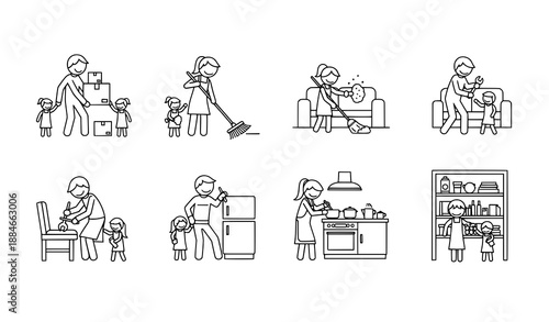 Family household activities stick figure icons set for moving cleaning and cooking
