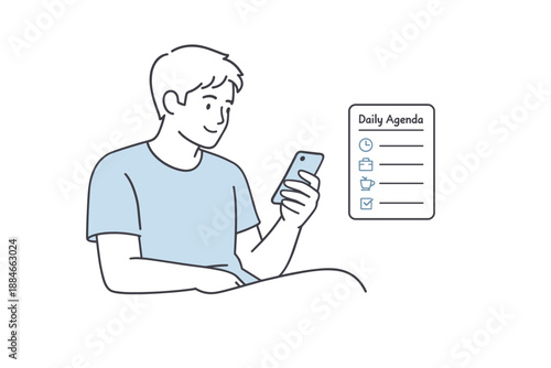 Minimalist Agenda Review. Man looks at his phone reviewing a daily agenda with relaxed posture Minimalist flat line vector
