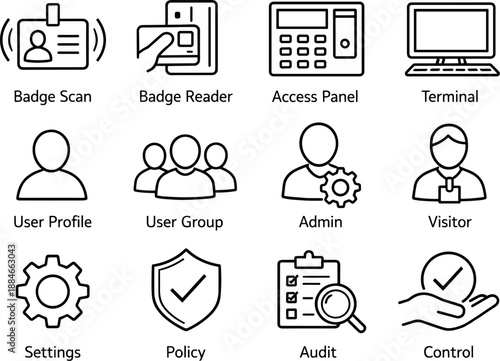 Image Generation. Line style vector icons of Badge system: badge scan, badge reader, access panel, terminal; user profile, user