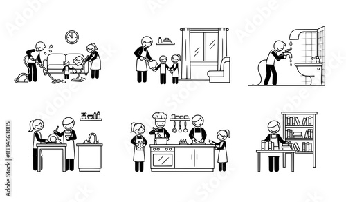 Household chores and family cooking stick figure pictogram icons set