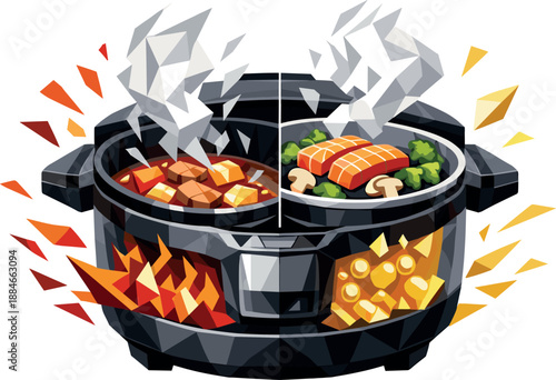 Dual Cooking Multicooker Art. Low-poly vector illustration focused on two different recipes cooking simultaneously inside one