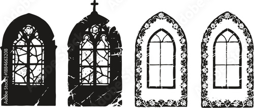 Gothic church windows silhouette set with ornate floral and cross details in black and white