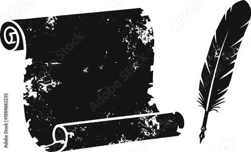 Ancient parchment scroll and quill pen illustration with grunge texture, vintage writing and manuscript concept
