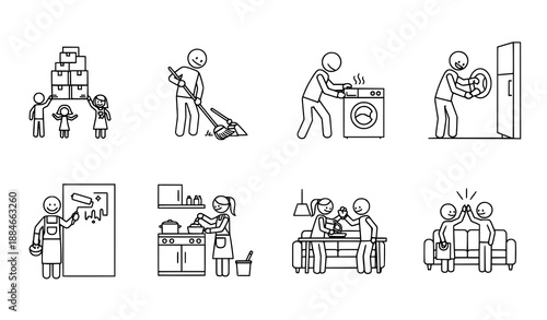 Family home services and daily life stick figure vector icon set