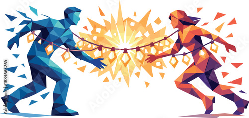 Bright Encounter Garland. Low-poly vector illustration focused on a conceptual garland that shines brighter as two people approach