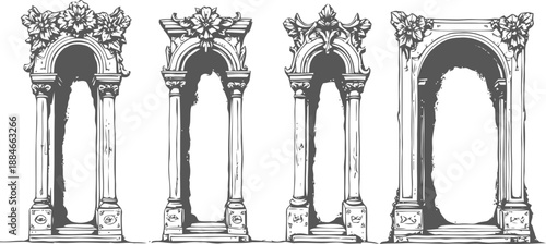Four vintage ornamental stone arches with intricate floral and scrollwork decorative elements