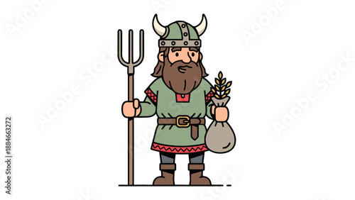 Viking gardener standing with pitchfork and plants in a garden from a frontal viewpoint