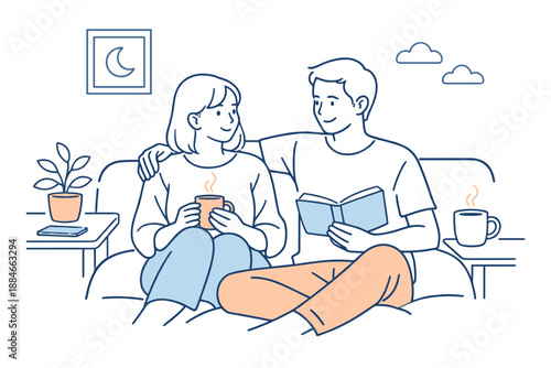 Cozy Couple Moment. Couple enjoying an unhurried routine moment, seated comfortably with subtle interaction and soft expressions,