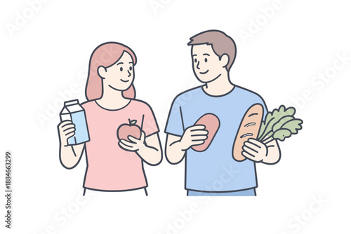 Grocery Shopping Duo. A man and woman choose groceries together, holding items while moving at an easy pace, minimalist flat line