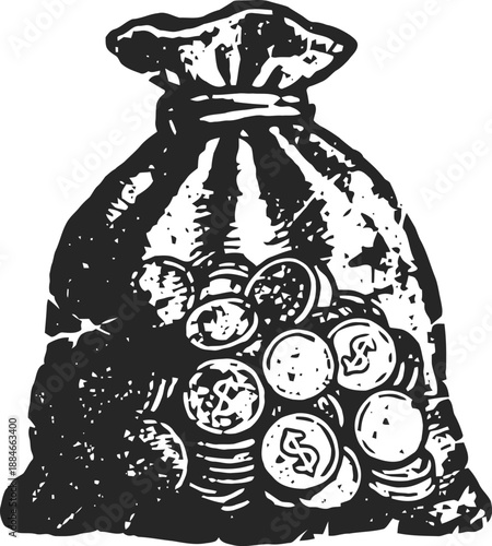 Money bag overflowing with coins, financial wealth and savings concept illustration