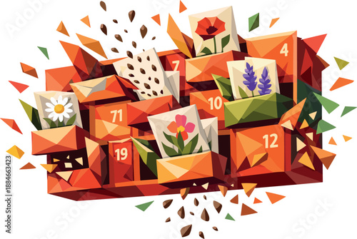 Nature's Advent Calendar. Low-poly vector illustration focused on an advent calendar filled with packets of wildflower seeds