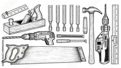 Vintage Woodworking Tools: Hand Saw, Drill, Plane, Chisels, Hammer