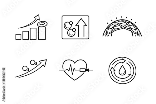 Blood Circulation Icons. Line style icons of blood and circulation changes: red blood cell rise bar, hemoglobin increase tile,
