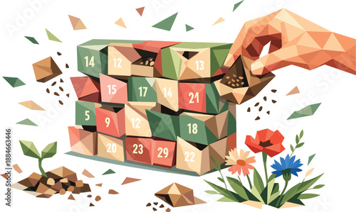 Wildflower Seed Advent. Low-poly vector illustration focused on a sustainable advent calendar replacing sweets with wildflower