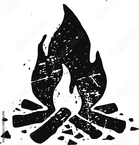Campfire silhouette with burning logs and scattered ashes on white background