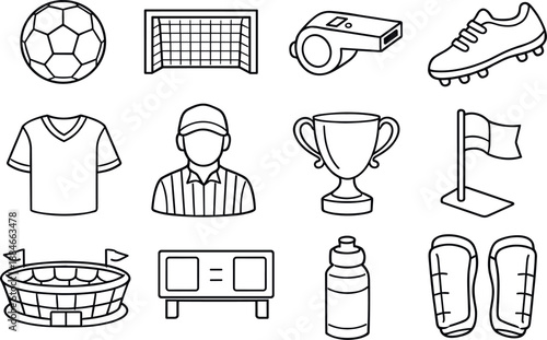 Image Generation. Line style vector icons of Football game: soccer ball, goal, whistle, cleats; jersey, referee, trophy, corner