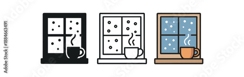 cozy home window view with falling snow and tea cup