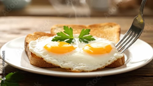 Sunny Side Up Eggs on Toast - A close-up shot shows a pair of fried eggs, sunny side up, served on toasted bread and garnished with parsley, presented on a white plate atop a rustic wooden surface.