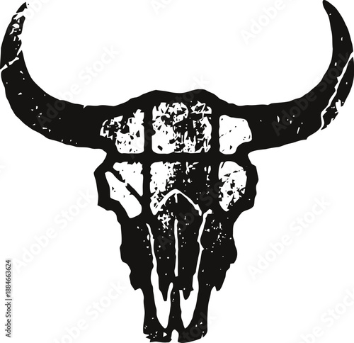 grunge bull skull with large curved horns, western vintage design, rustic animal bone silhouette