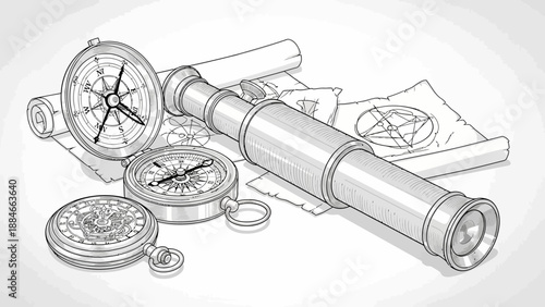 Vintage spyglass, compasses, and maps for exploration and adventure