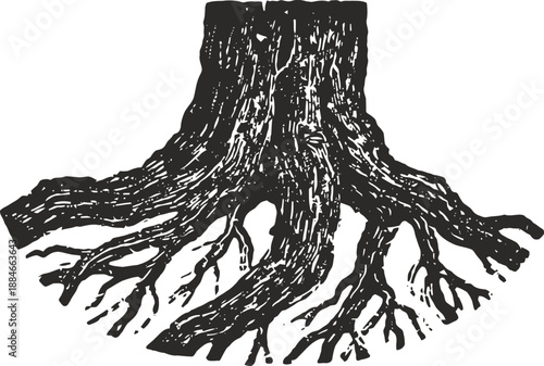 Tree stump with exposed roots detailed black and white illustration natural wood texture