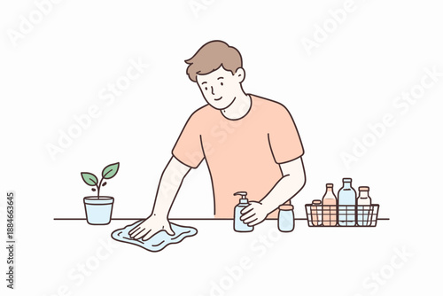 Minimalist Kitchen Cleaning. Man wipes a kitchen counter carefully while organizing small items nearby Minimalist flat line vector