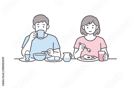 Minimalist Breakfast Scene. A couple eats breakfast side by side at a small table, relaxed and unhurried, minimalist flat line