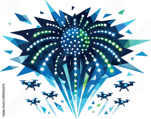 Drone Firework Display. Low-poly vector illustration focused on a sustainable celebration firework created by glowing LED drones,
