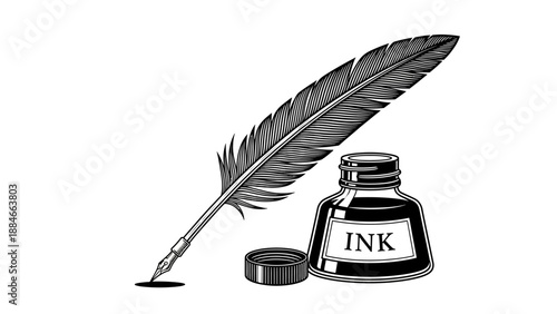 Quill Pen and Ink Bottle - Vintage Writing Tool Illustration