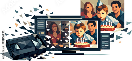 Digital Tape Restoration. Low-poly vector illustration focused on digitizing an old family celebration videotape using an AI