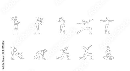 a sequence of illustrated fitness exercises and stretches for a full body workout routine