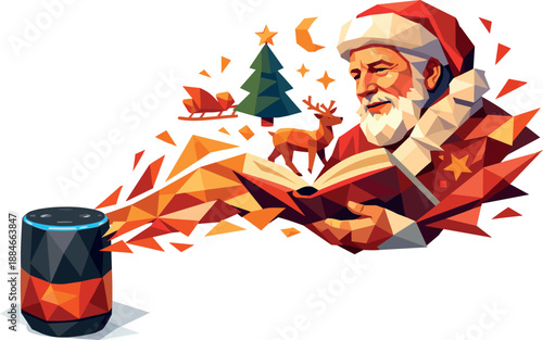 Festive Voice Assistant. Low-poly vector illustration focused on a voice assistant concept with the recognizable voice presence of