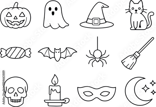 Halloween Vector Icons. Line style of Halloween celebration vector icons: pumpkin, ghost, witch hat, black cat; candy, bat, spider