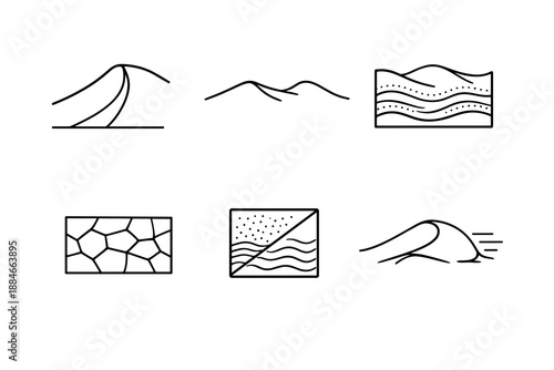 Dune Structure Icons. Line style icons of dune structure: slip face profile, crest outline, stratified sand layers, dry surface