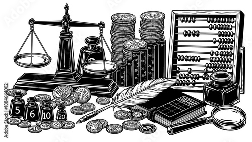 Vintage Finance and Accounting Tools: Scales, Coins, Abacus, Feather Pen