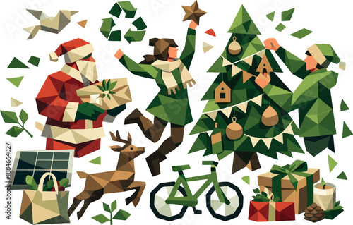 Eco-Friendly Festive Art. Low-poly vector illustration focused on environmentally conscious festive traditions, faceted polygonal